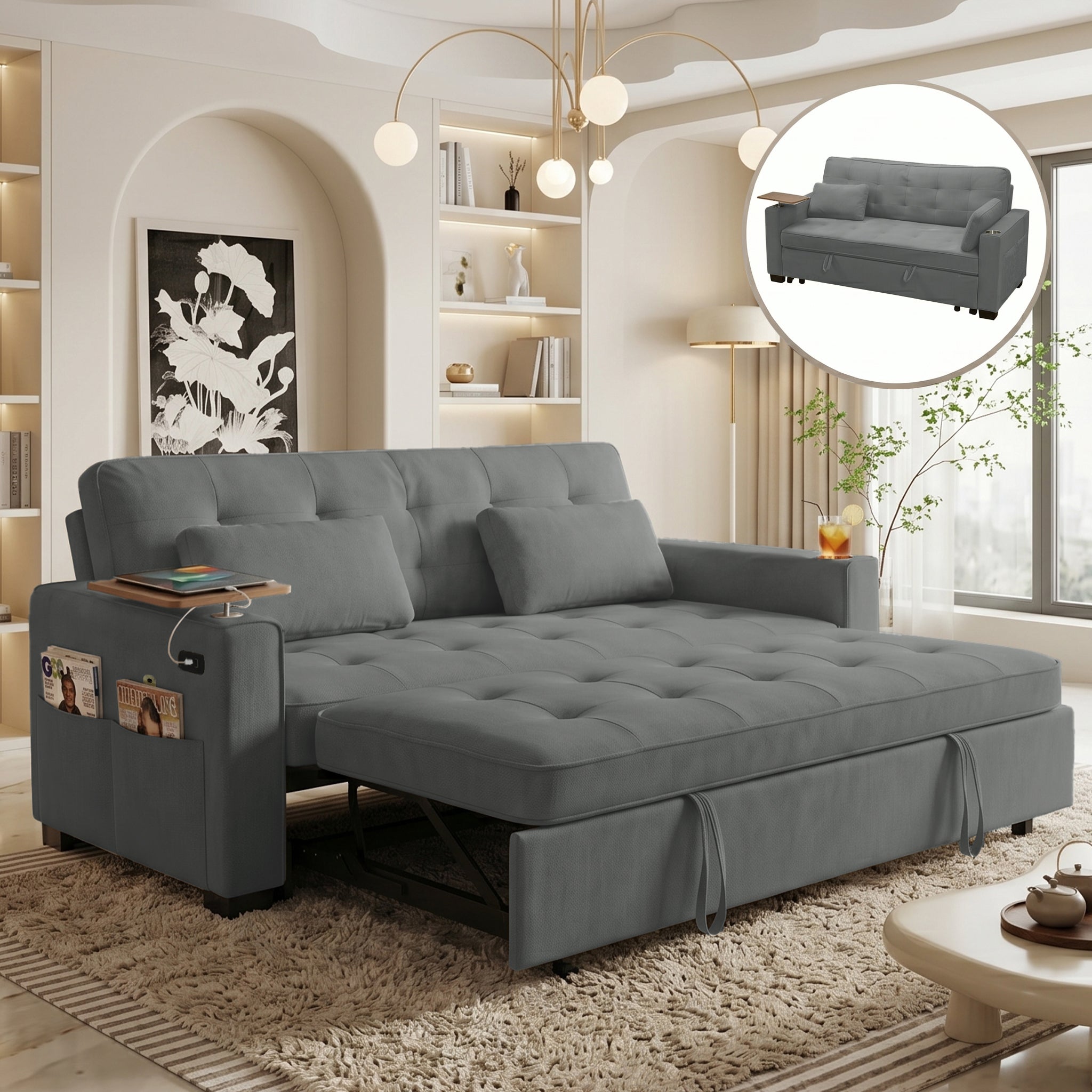 KCGKCG Pull Out Sleeper Sofa Bed, Modern Chenille Loveseat with Pockets, USB/Type-C Ports, Wood Tray Table & Cup Holder& 6-Position Adjustable Backrest for Home Office