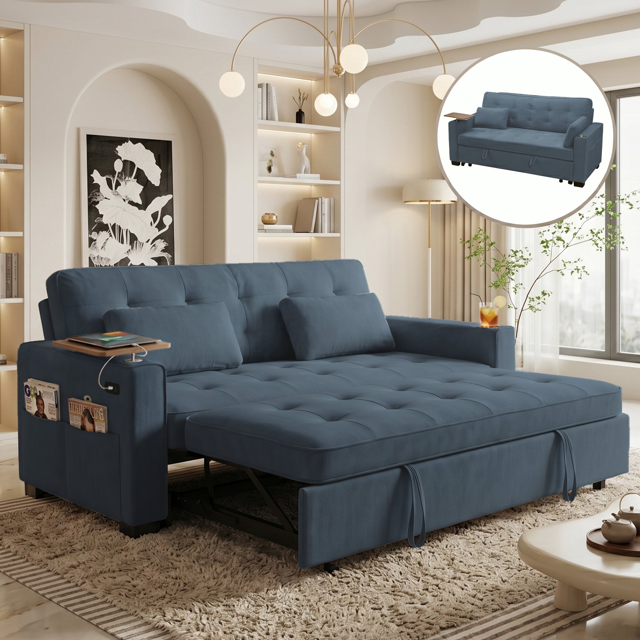 KCGKCG Pull Out Sleeper Sofa Bed, Modern Chenille Loveseat with Pockets, USB/Type-C Ports, Wood Tray Table & Cup Holder& 6-Position Adjustable Backrest for Home Office