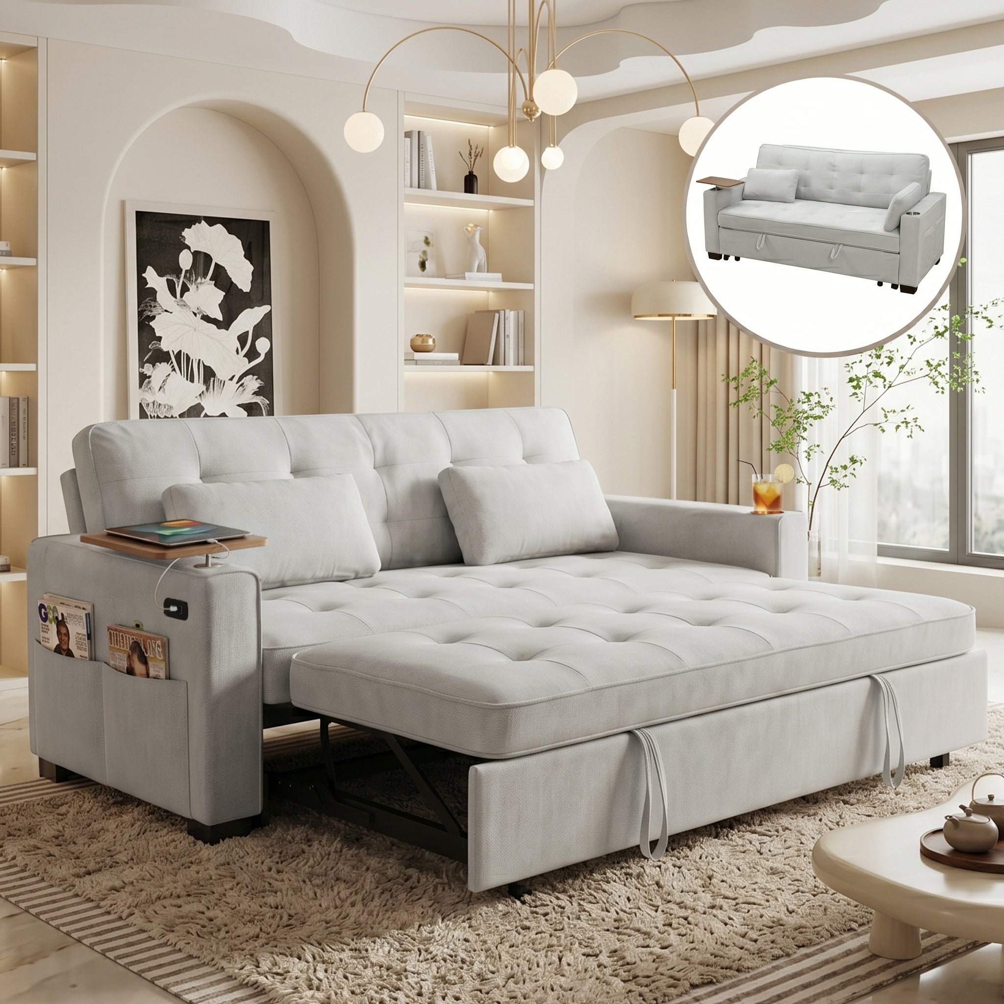 KCGKCG Pull Out Sleeper Sofa Bed, Modern Chenille Loveseat with Pockets, USB/Type-C Ports, Wood Tray Table & Cup Holder& 6-Position Adjustable Backrest for Home Office