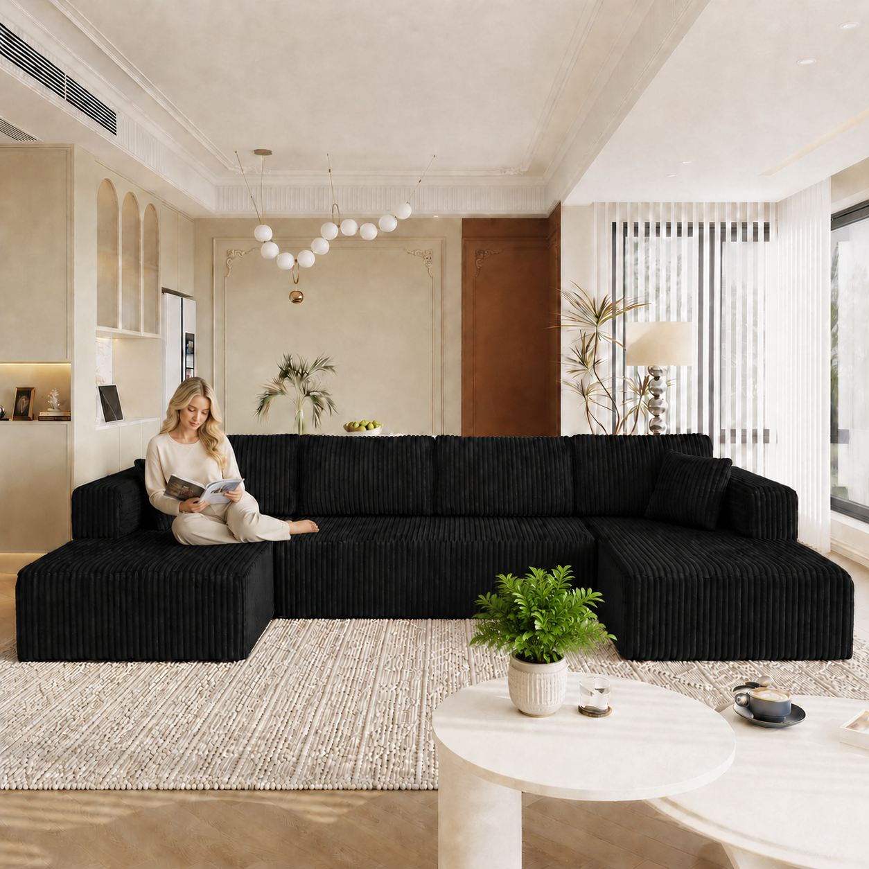 KCGKCG 132" U Shaped Corduroy Cloud Couch - No Assembly Required